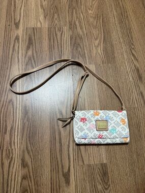Juicy Couture White Crossbody with Multicolor Logo Accents and Tan Strap